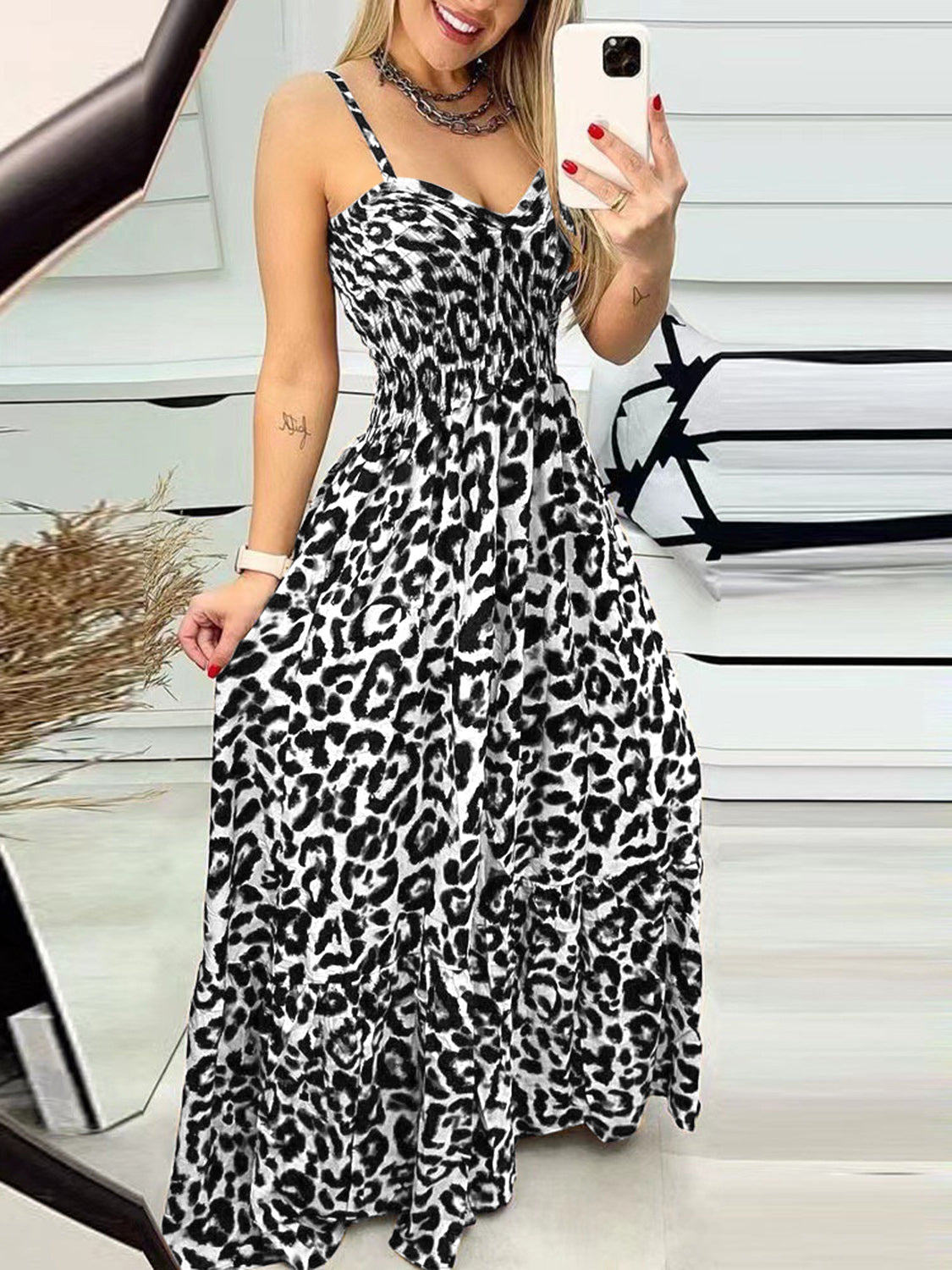 Leopard Sweetheart Neck Cami Maxi Dress