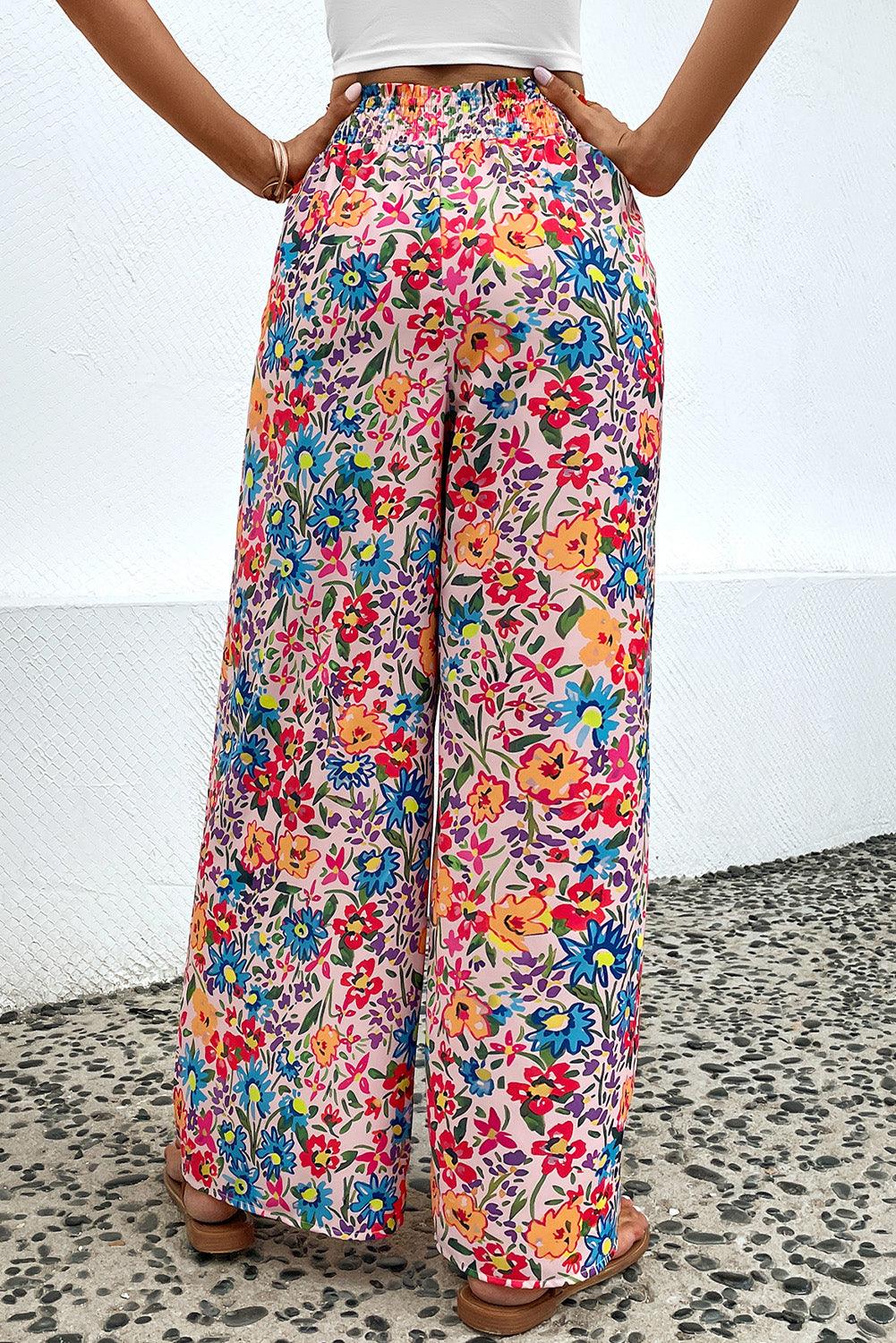 Floral Wide Leg High Waist Pleated Pants - Pant