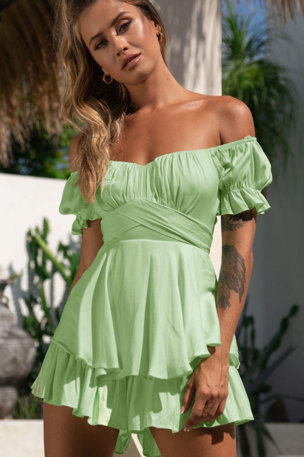 Off Shoulder Flounce Sleeve Layered Mini Dress - Dresses