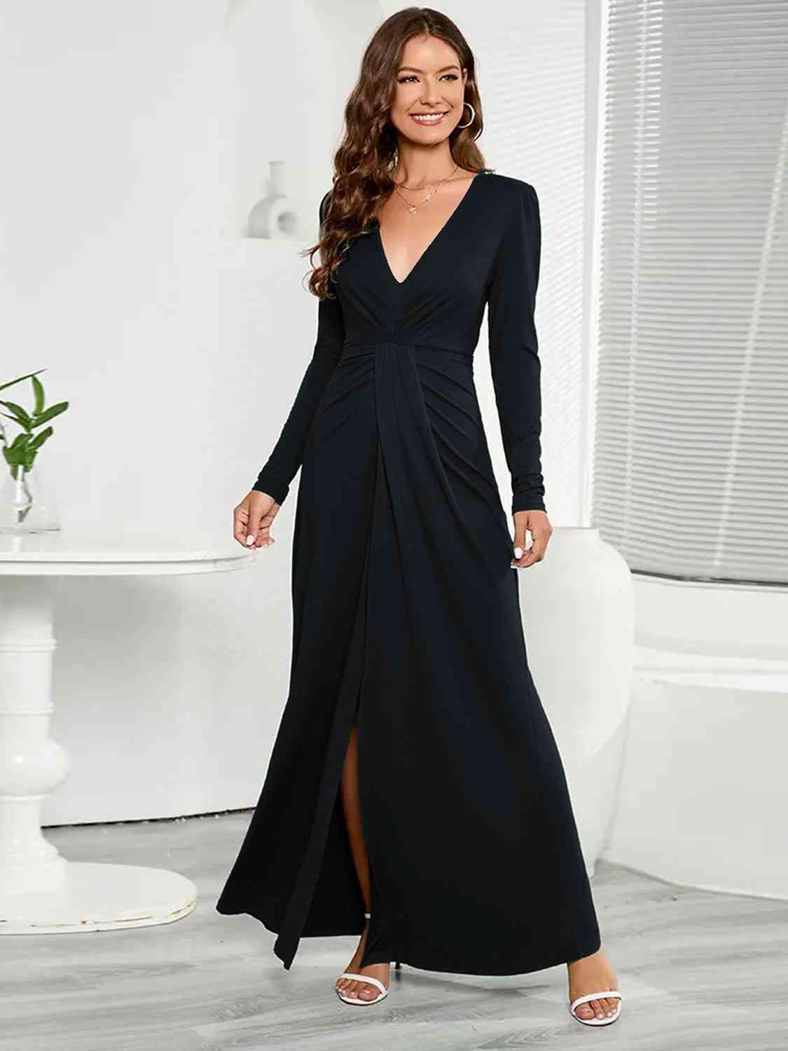 V-Neck Long Sleeve Split Dress - Dresses