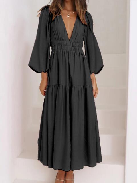 Deep V-Neck Balloon Sleeve Maxi Dress - Dresses