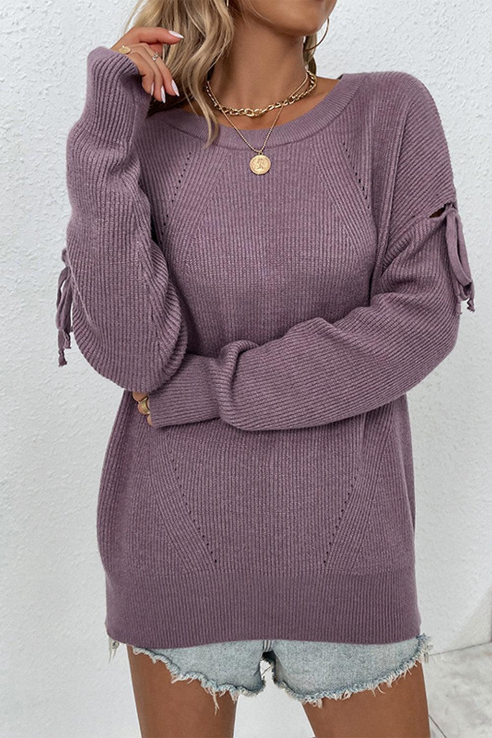 Round Neck Tied Sleeves Ribbed Sweater - Sweater