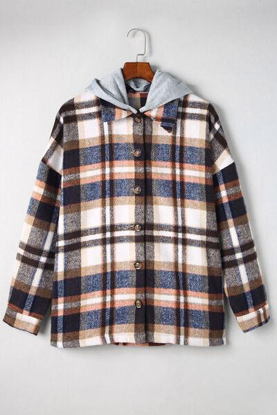 Button Up Plaid Hooded Shacket - Jacket