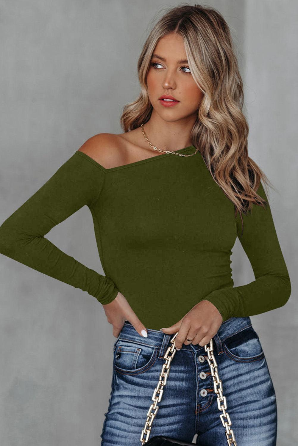 Asymmetrical Neck Long Sleeve Top - Top