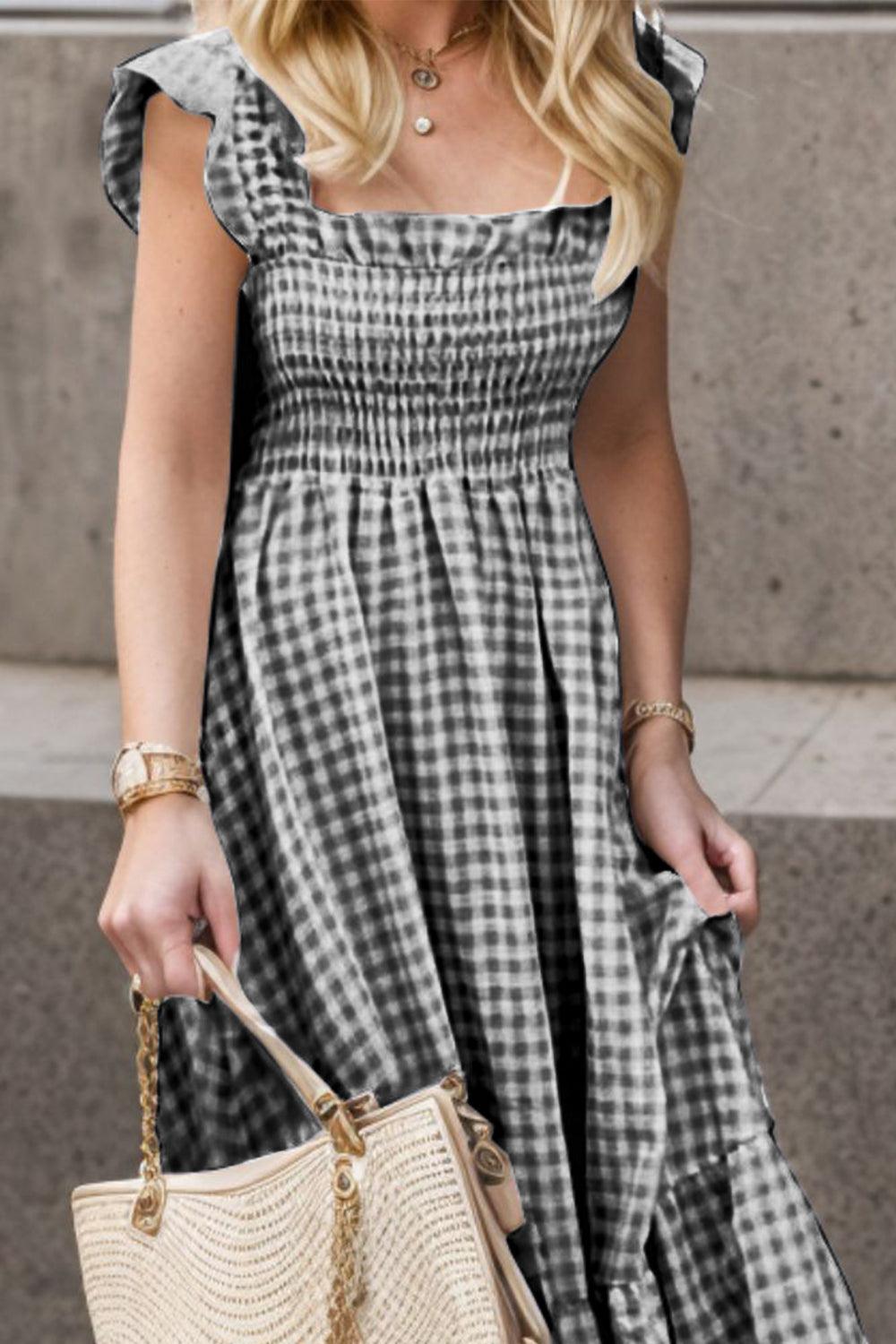 Smocked Ruffled Plaid Ruffle Hem Maxi Dress - Dresses