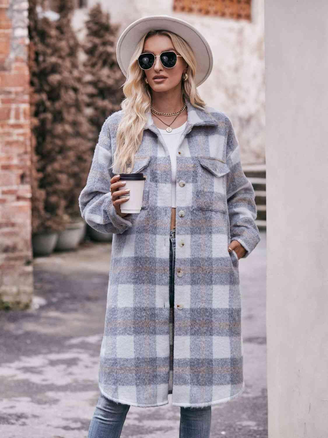 Plaid Dropped Shoulder Slit Coat - Coat