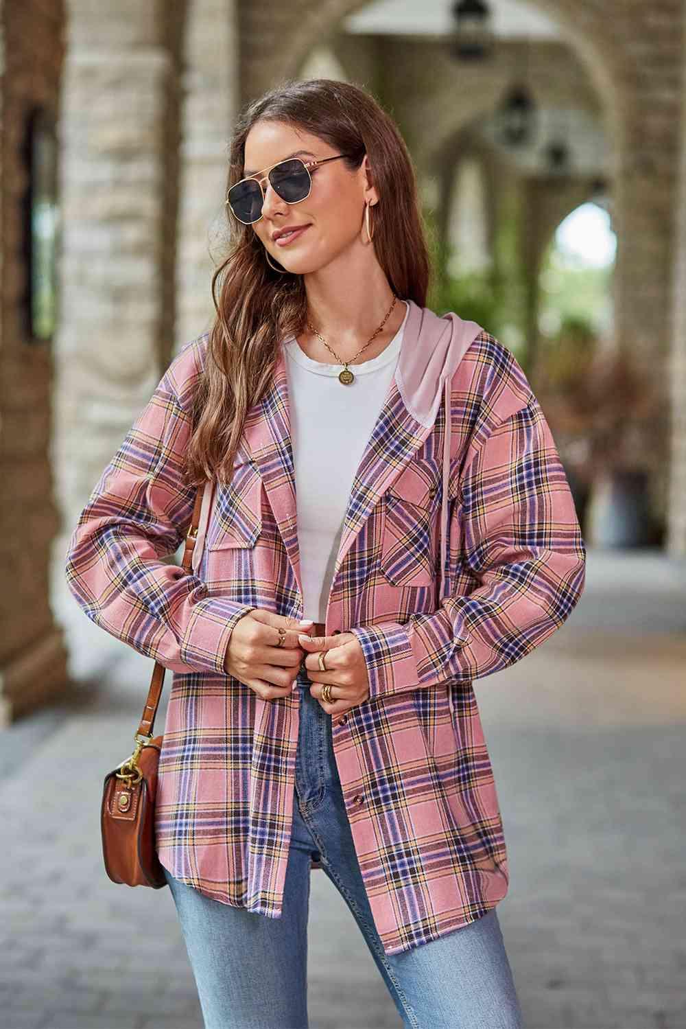 Plaid Long Sleeve Hooded Shacket - Jacket