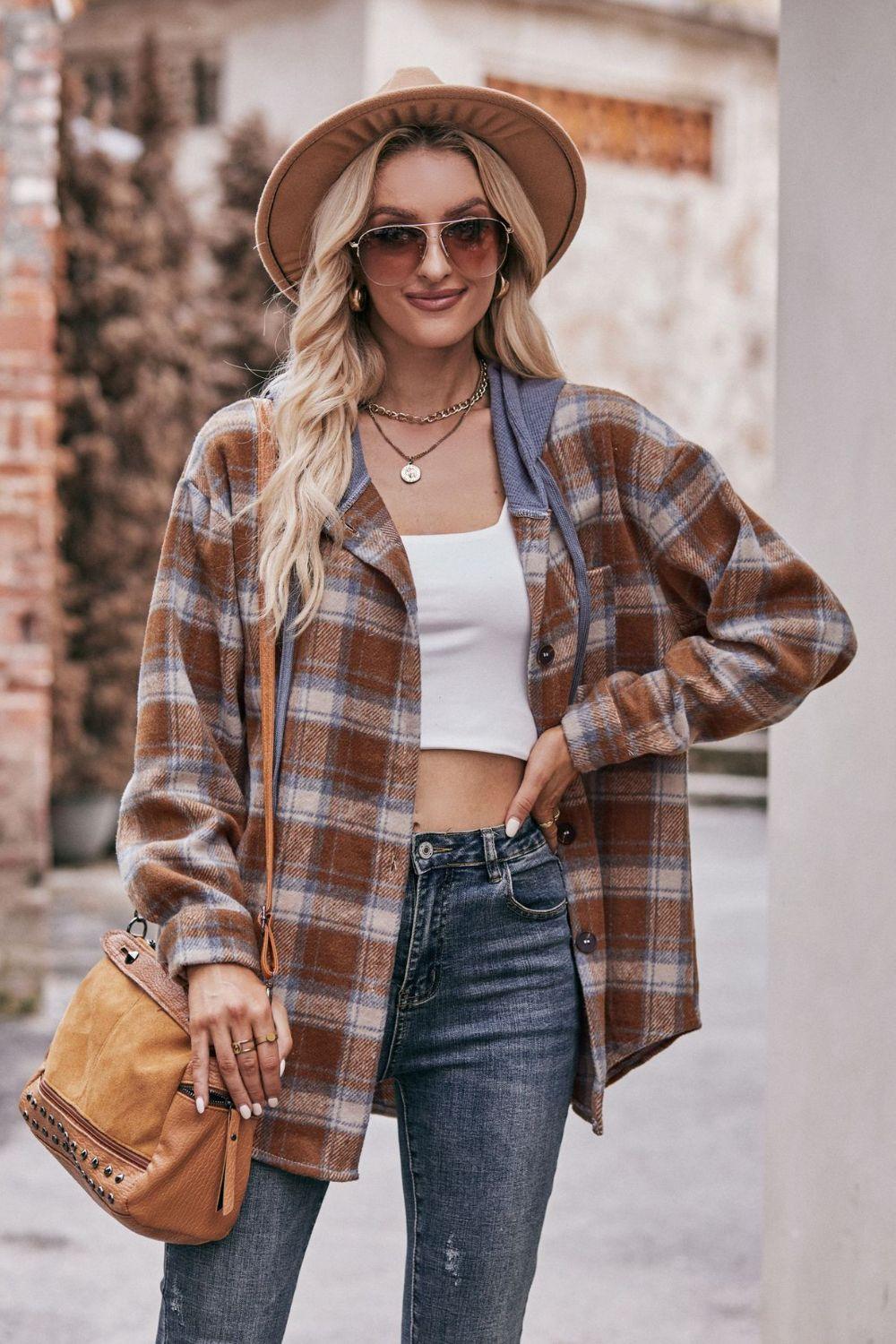 Plaid Dropped Shoulder Hooded Longline Shirt Jacket - Jacket