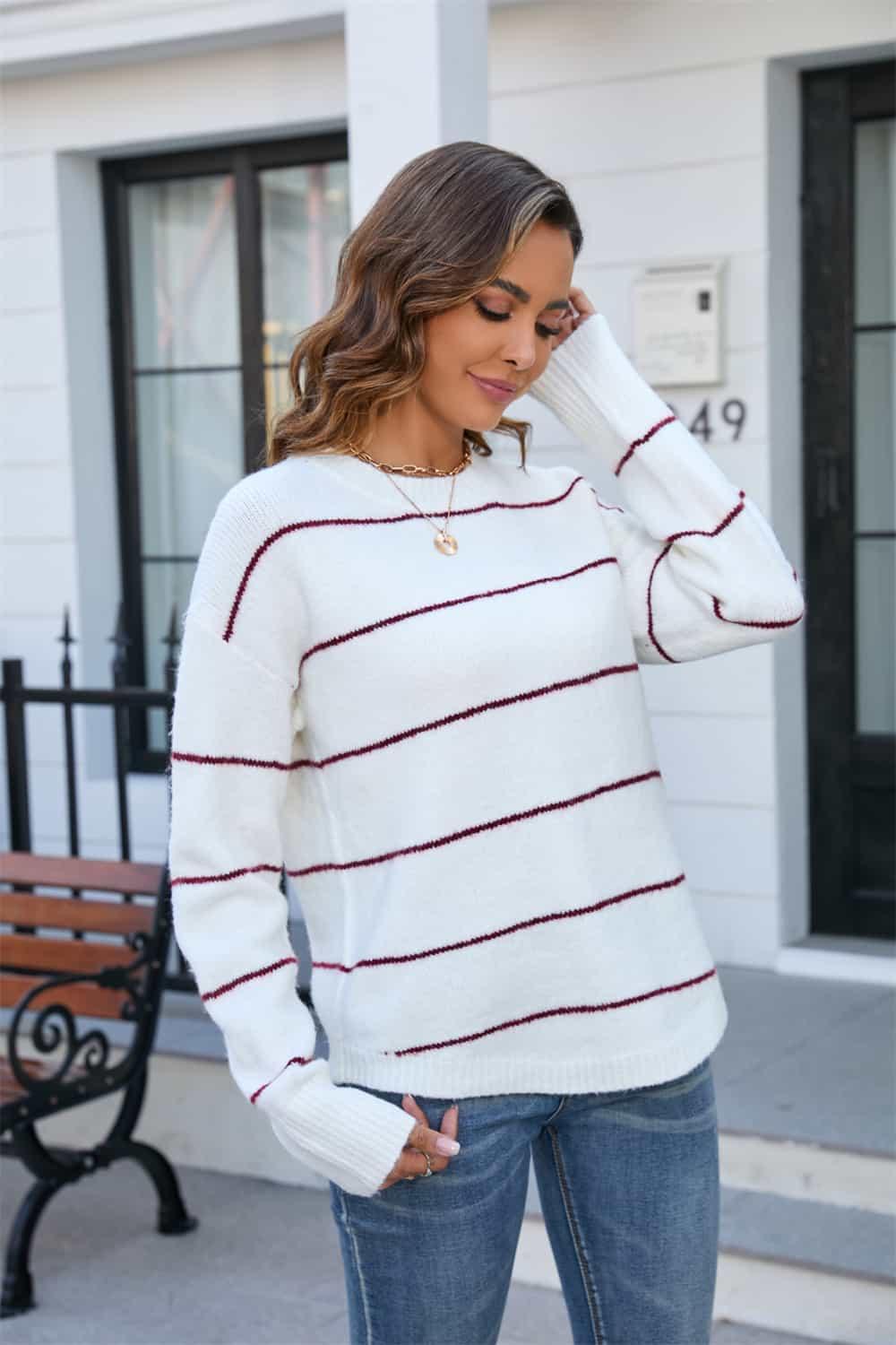 Striped Round Neck Drop Shoulders Sweater - Sweater