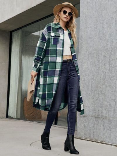 Plaid Pocketed Button Up Trench Coat - Coat