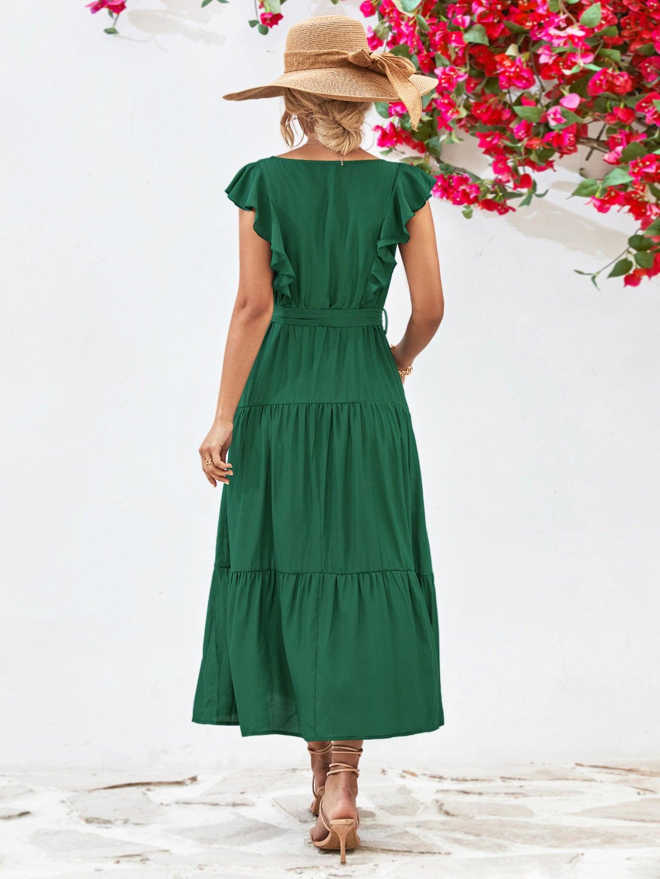 Tie Belt Ruffled Tiered Midi Dress - Dresses