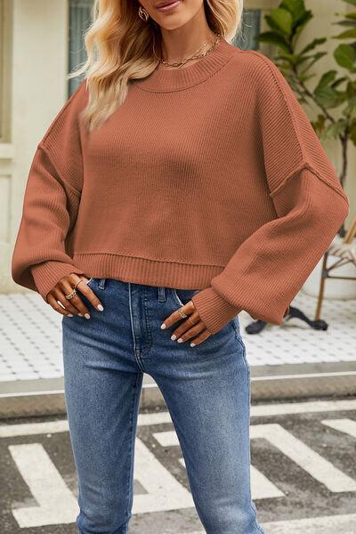 Round Neck Dropped Shoulder Crop Sweater - Sweater