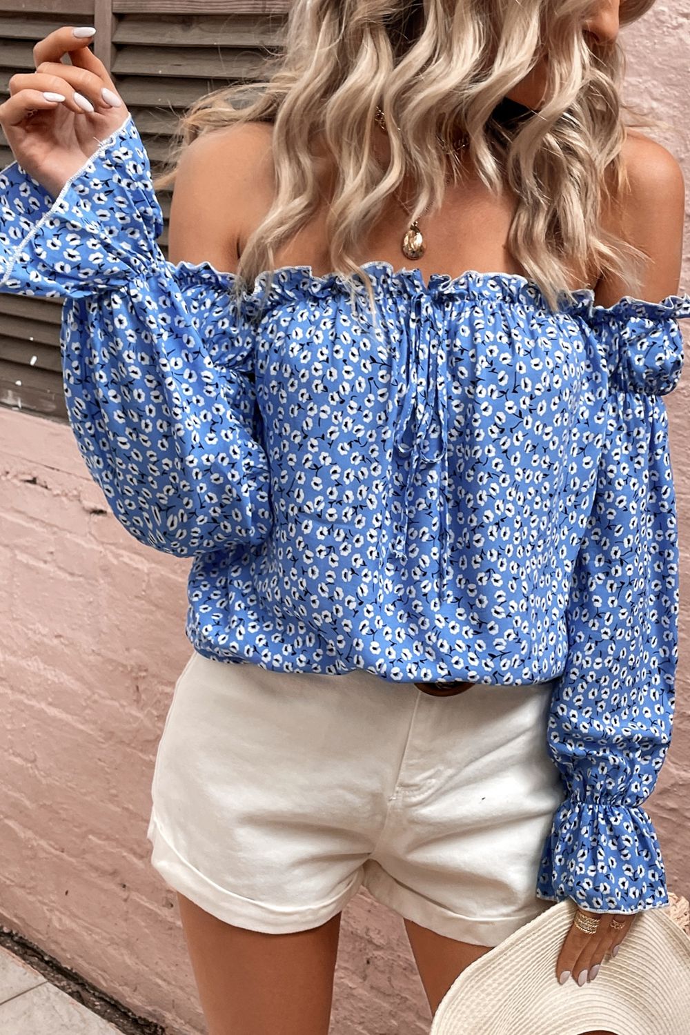 Floral Off Shoulder Frill Trim Top