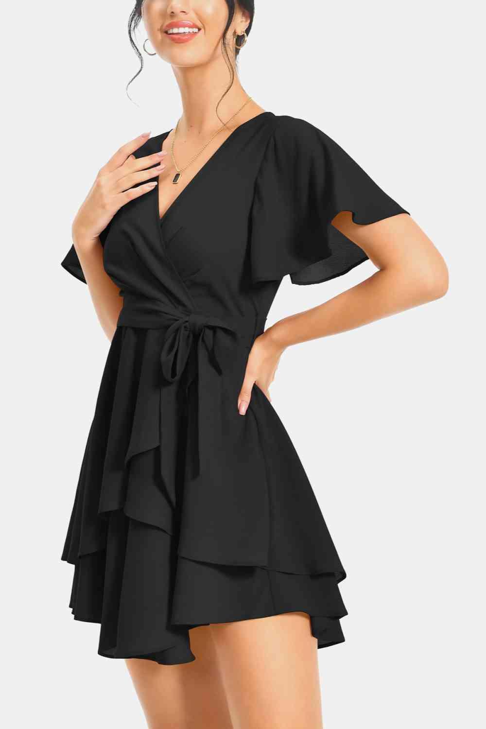 Surplice Neck Flutter Sleeve Mini Dress - Dresses