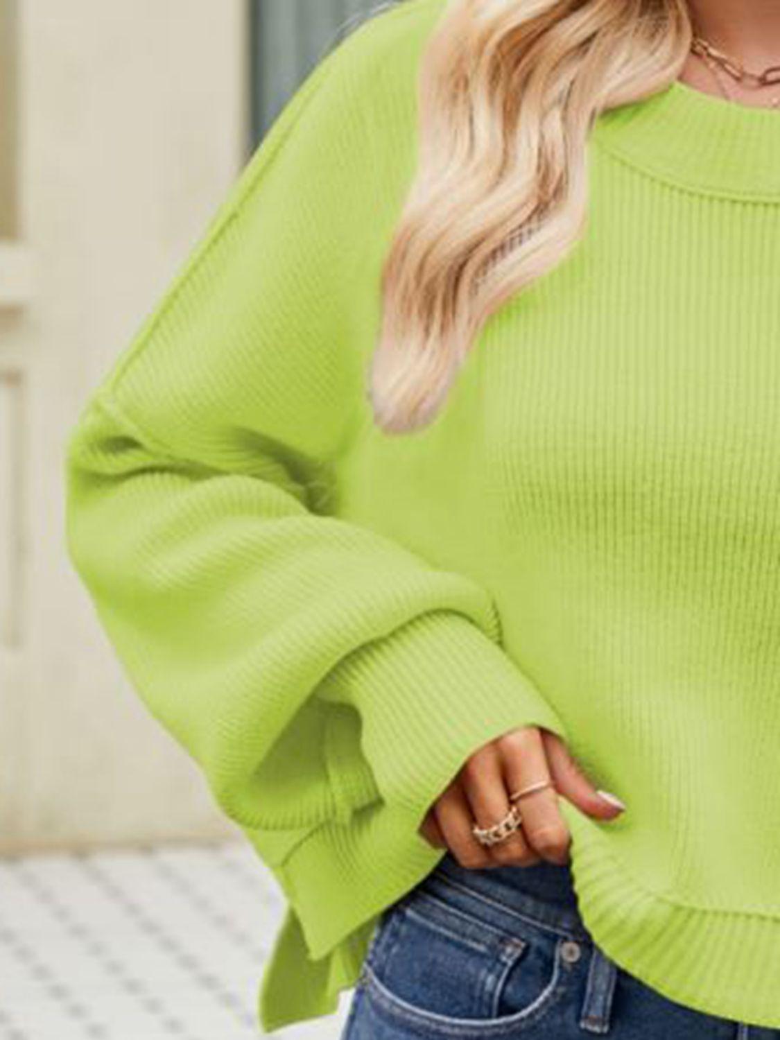 Round Neck Dropped Shoulder Cropped Sweater - Sweater