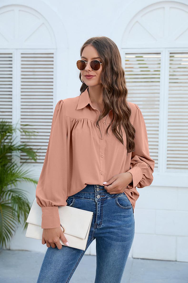 Puff Long Sleeve Collared Neck Ruched Shirt - Shirt