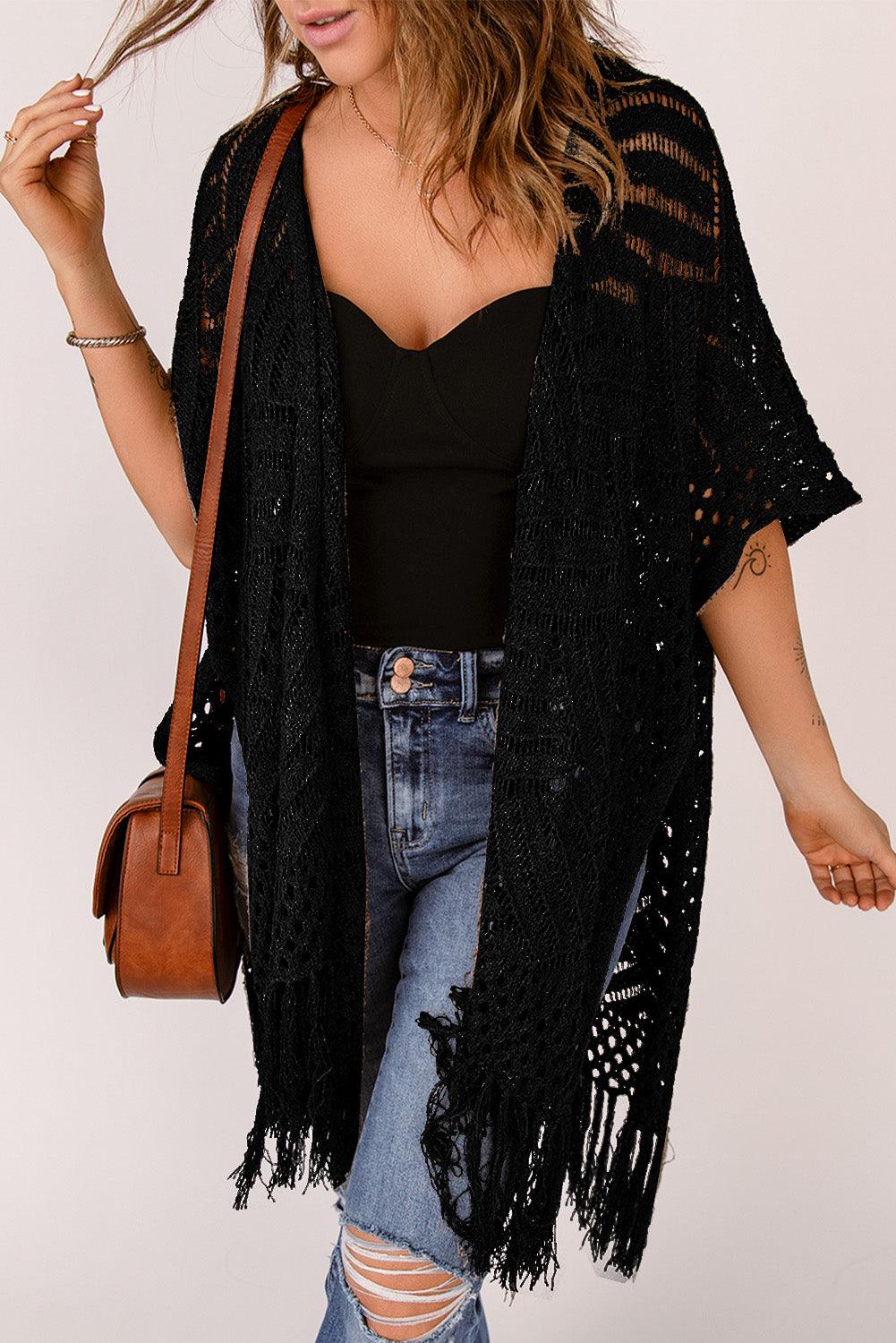 Open Work Fringe Hem Slit Open Front Cardigan - Cardigan