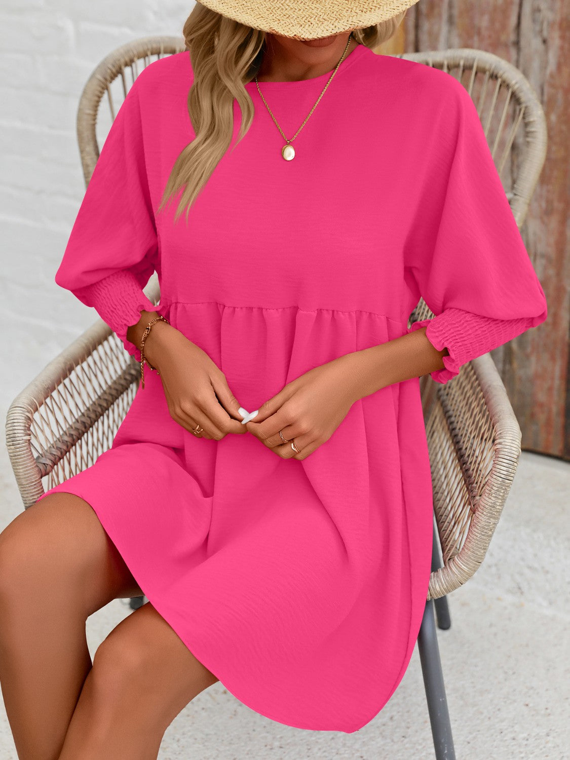 Round Neck Long Lantern Sleeve Mini Dress