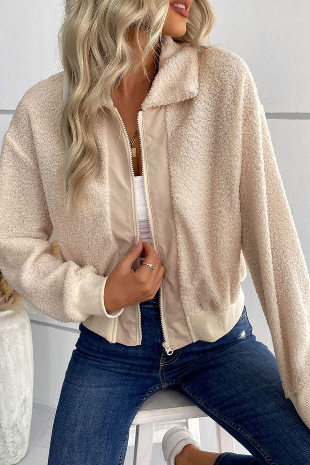 Collared Neck Zip-Up Cropped Sherpa Jacket - Jacket