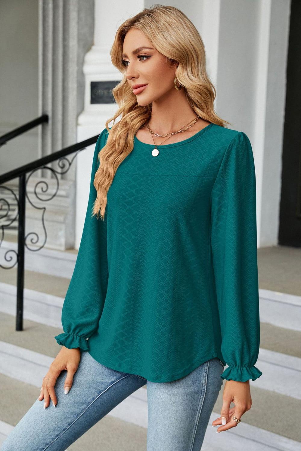 Round Neck Long Flounce Sleeve Top - Top