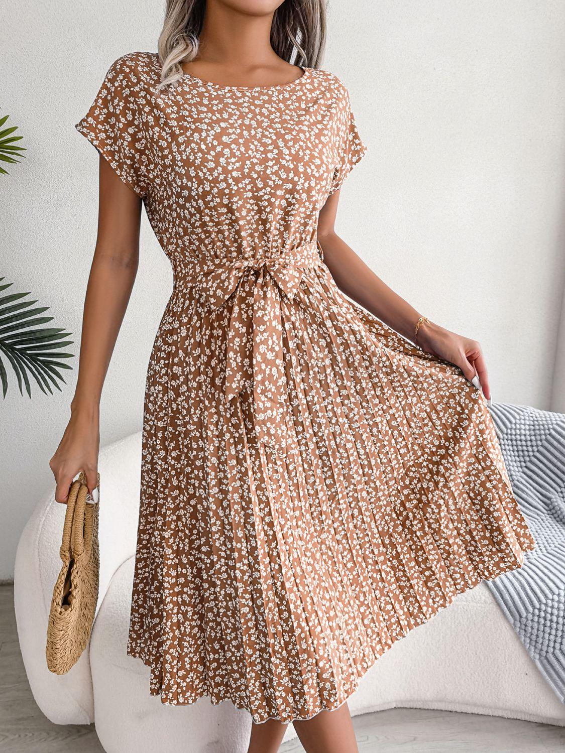 Ditsy Floral Pleated Belted Knee-Length Dress - Dresses