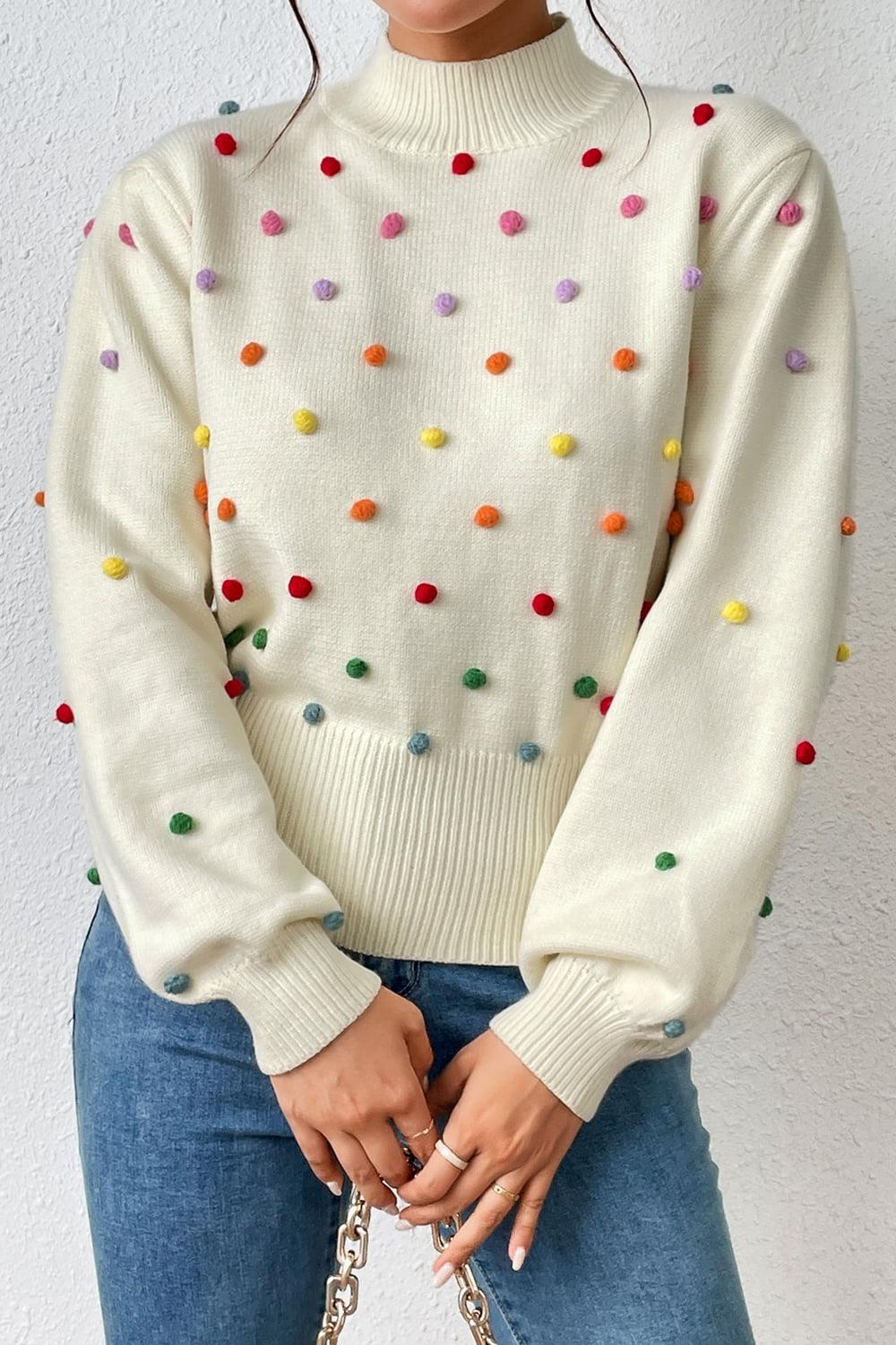 Pom-Pom Trim Mock Neck Long Sleeve Pullover Sweater - Sweater