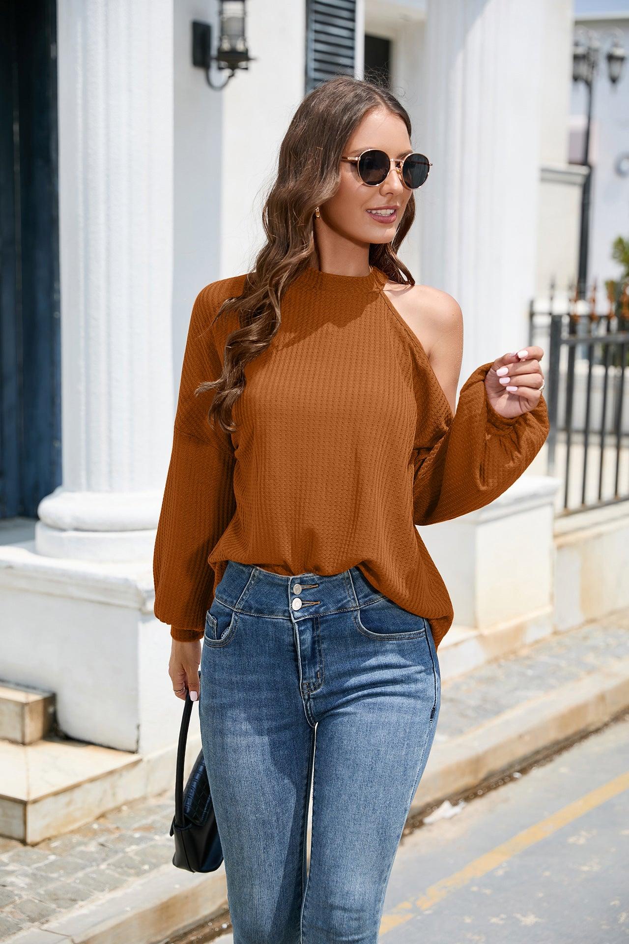 Cold Shoulder Long Lantern Sleeve Waffle-Knit Top - Top