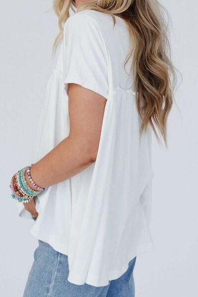 Frill Round Neck Short Sleeve Top - Top