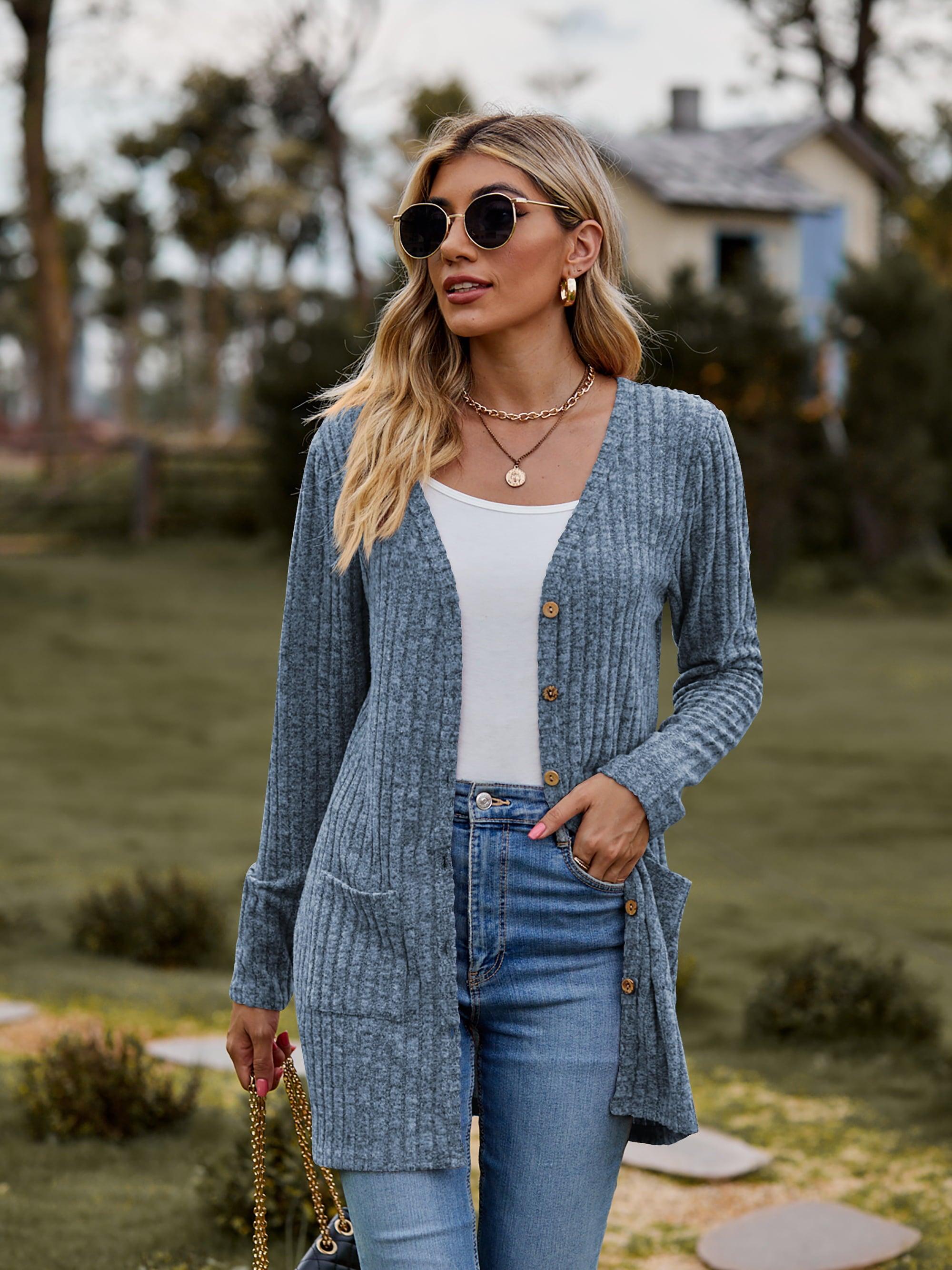 Ribbed Button-UP Cardigan with Pockets - Cardigan