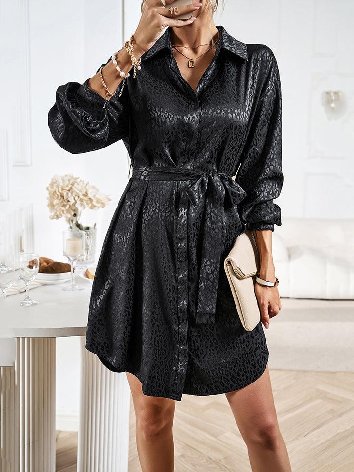 Leopard Tie Waist Collared Neck Shirt Dress - Dresses