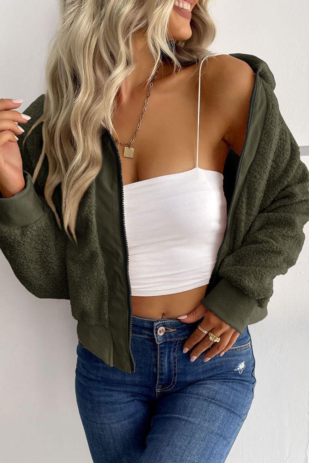 Collared Neck Zip-Up Cropped Sherpa Jacket - Jacket