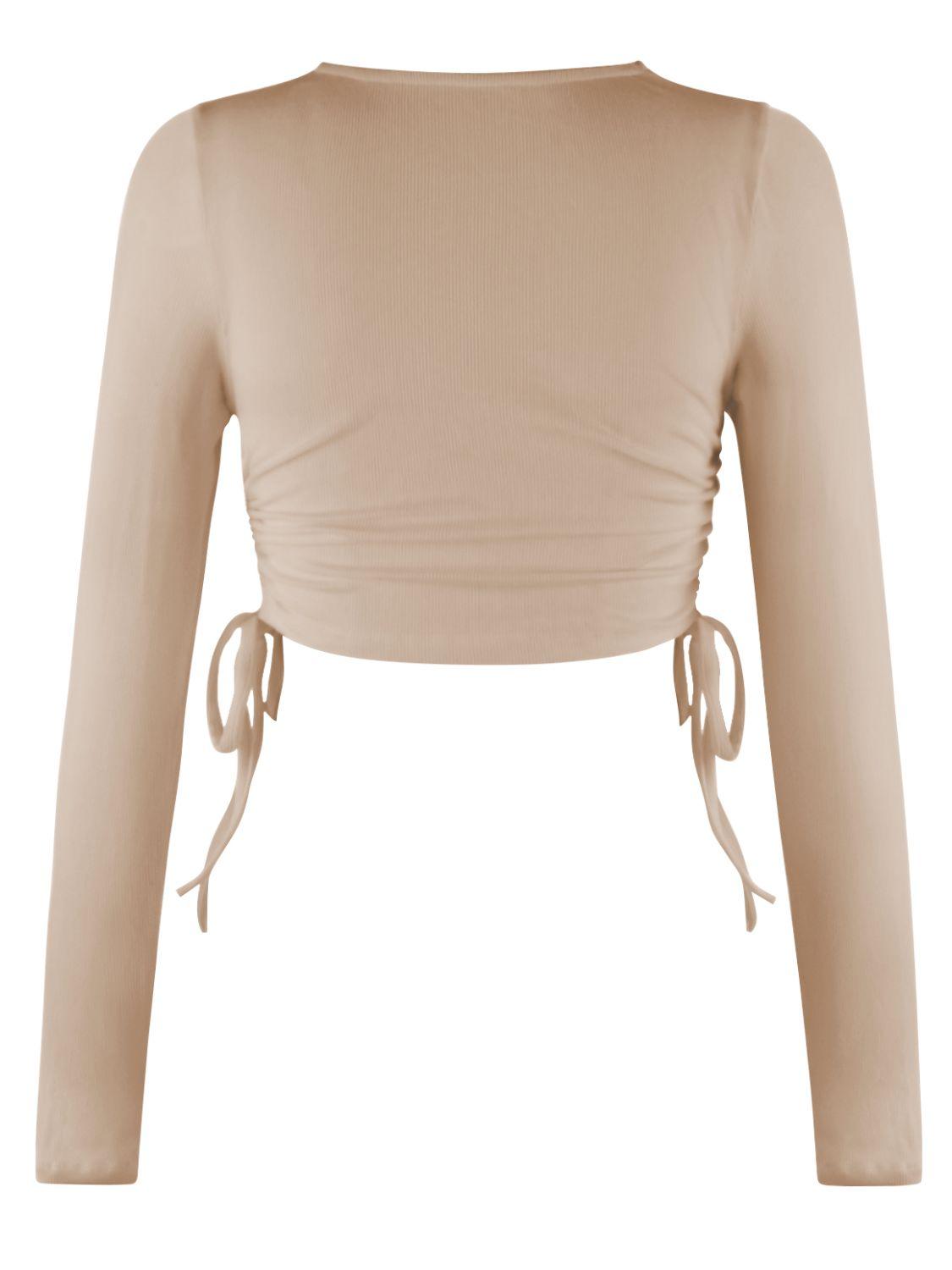 Cropped Drawstring Round Neck Long Sleeve Top - Top