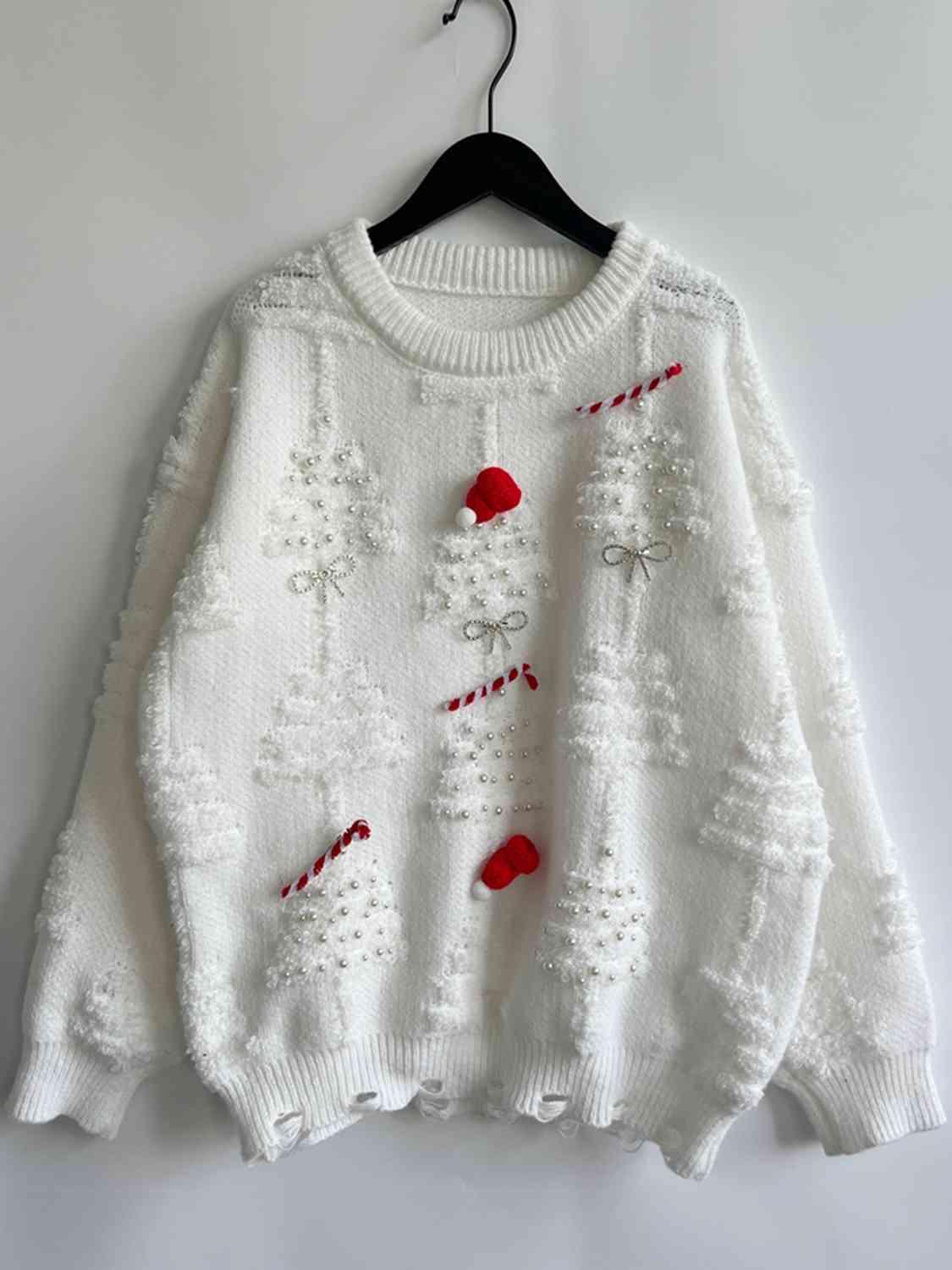 Pearl Detail Christmas Tree Sweater - Sweater