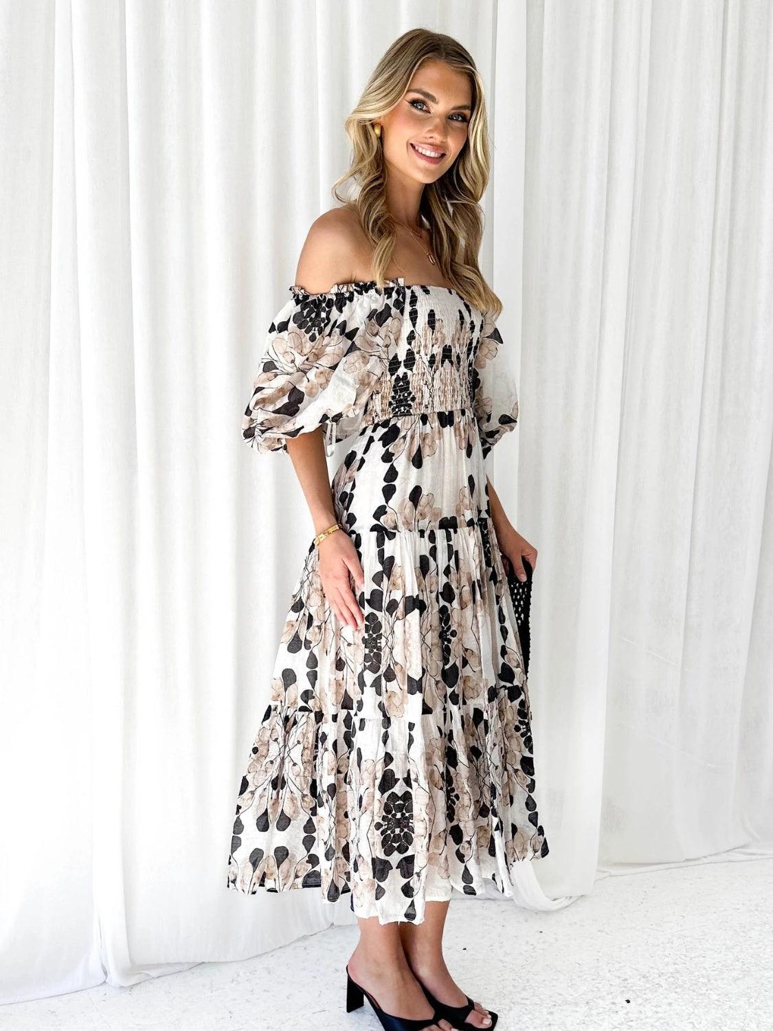 Floral Smocked Off-Shoulder Tiered Midi Dress - Dresses