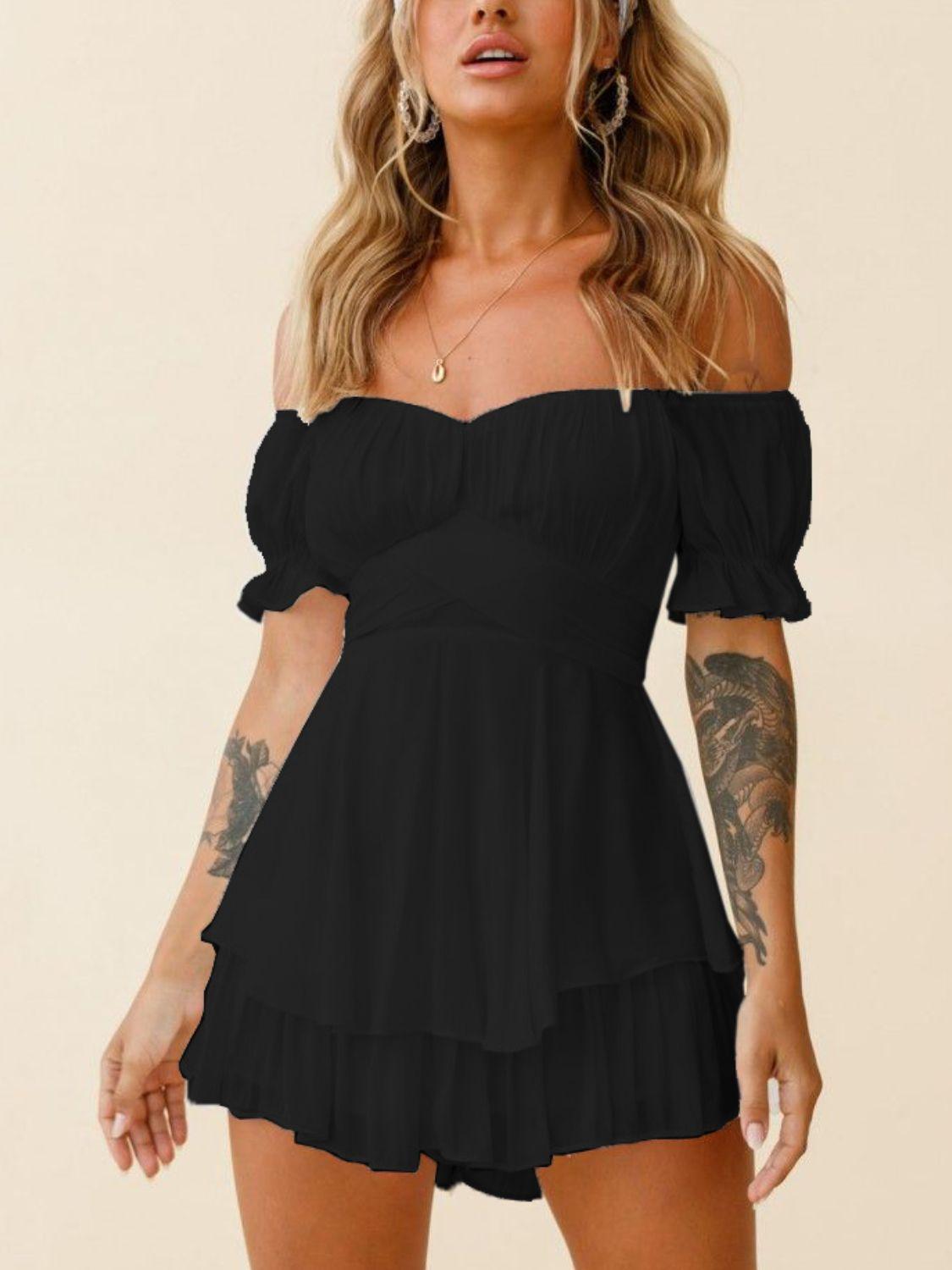 Off Shoulder Flounce Sleeve Layered Mini Dress - Dresses