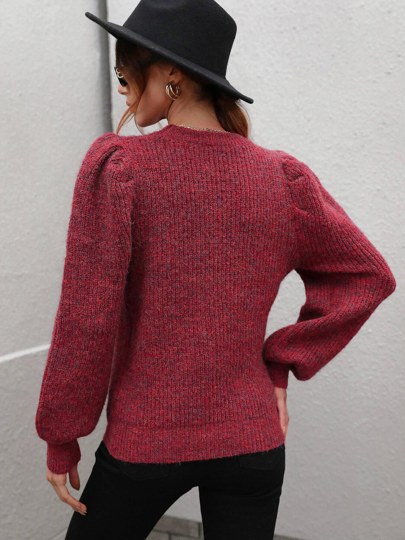 Woven Right Long Puff Sleeve Rib-Knit Sweater - Sweater