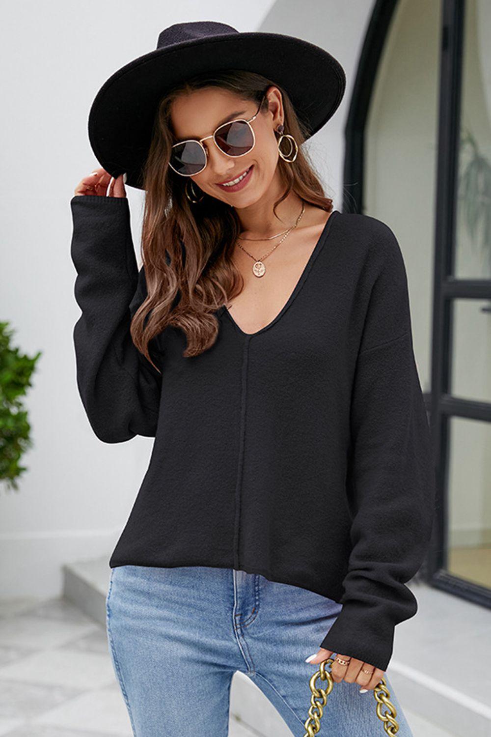 V-Neck Center Seam Drop Shoulder Sweater - Sweater