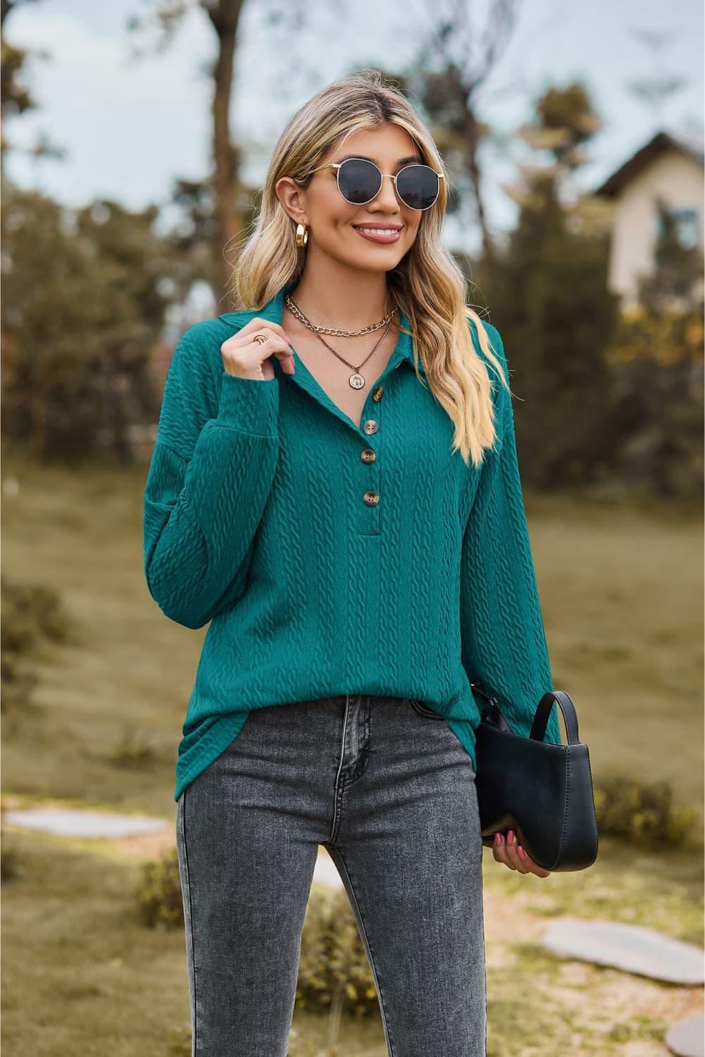 Collared Neck Long Sleeve Buttoned Top - Top