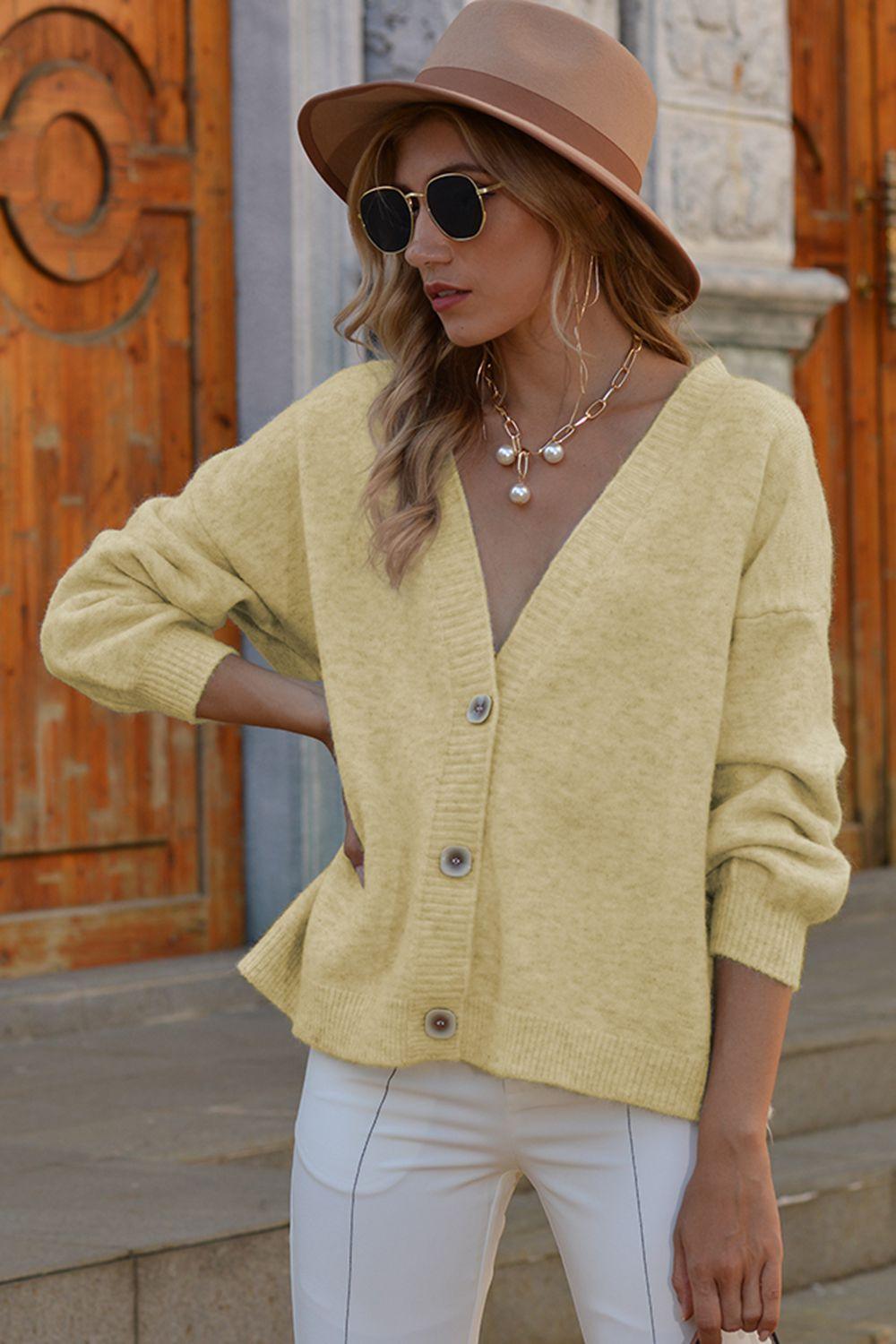 V-Neck Button-Down Dropped Shoulder Cardigan - Cardigan