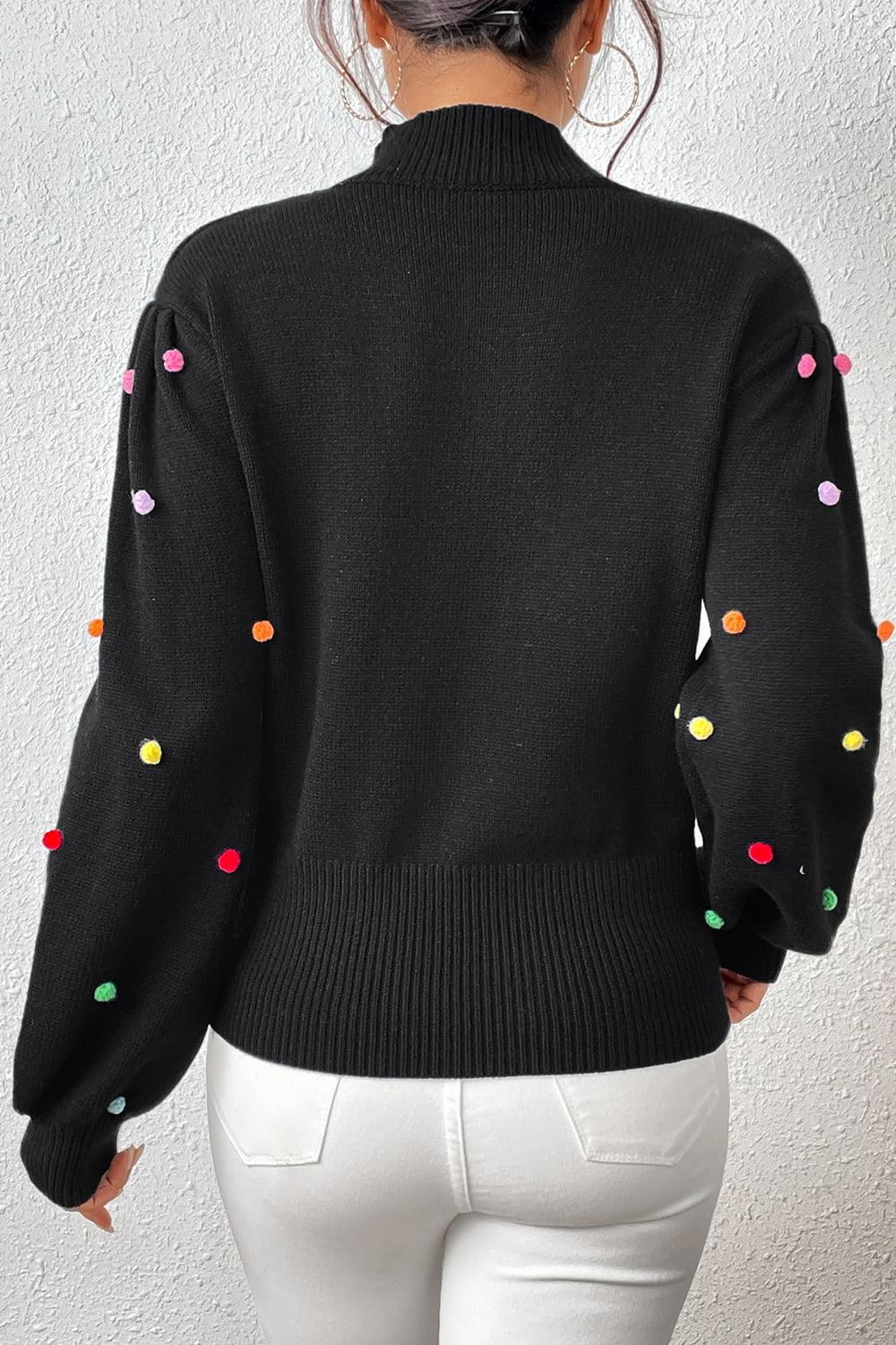 Pom-Pom Trim Mock Neck Long Sleeve Pullover Sweater - Sweater