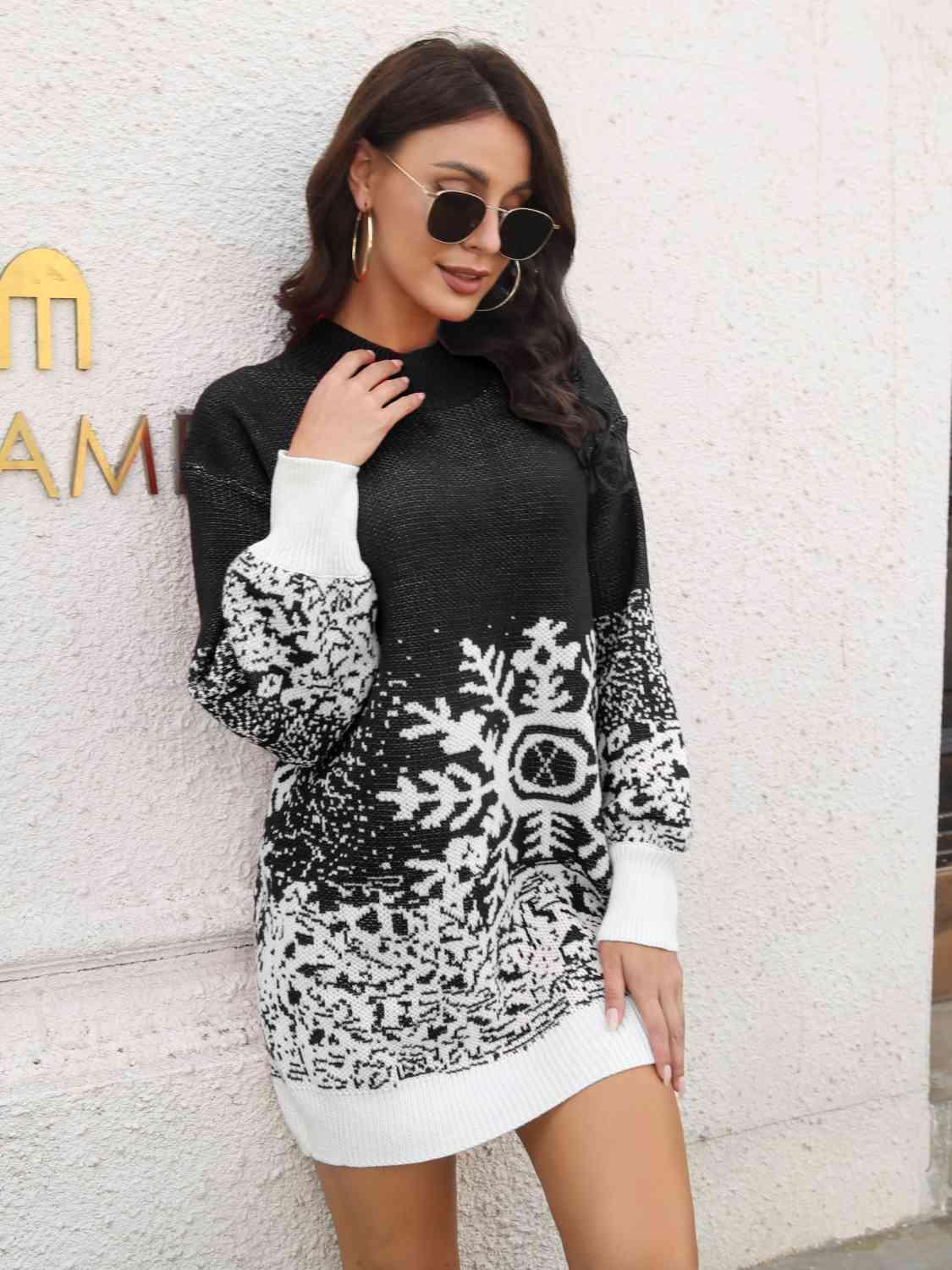 Christmas Snowflake Mock Neck Sweater Dress - Dresses