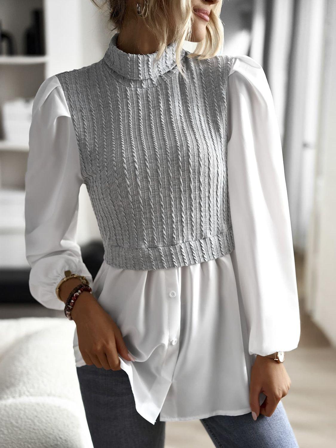 Contrast Cable-Knit Mock Neck Long Sleeves Top - Top