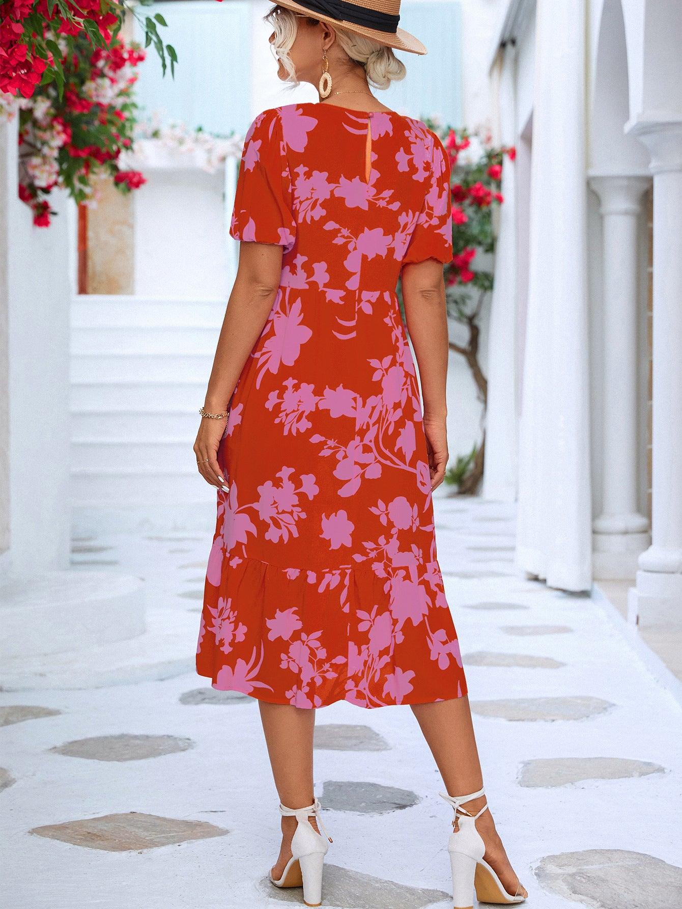 Floral Puff Sleeve Ruffle Hem Round Neck Midi Dress - Dresses