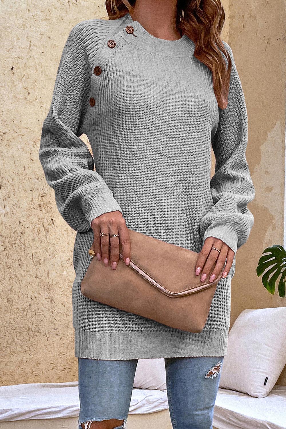 Round Neck Button Detail Ribbed Long Sweater - Sweater