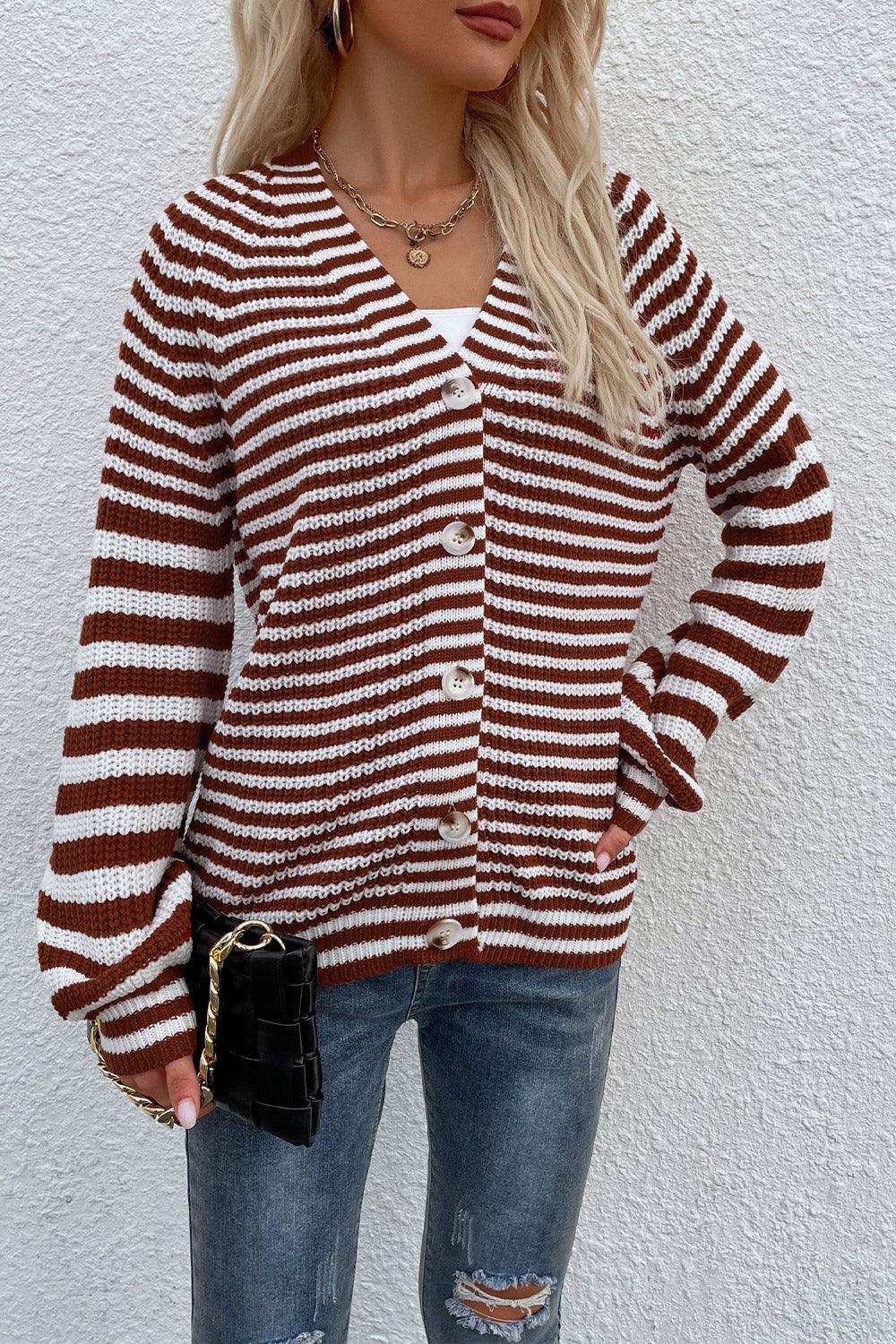 Striped V-Neck Button-Down Long Sleeve Cardigan - Cardigan