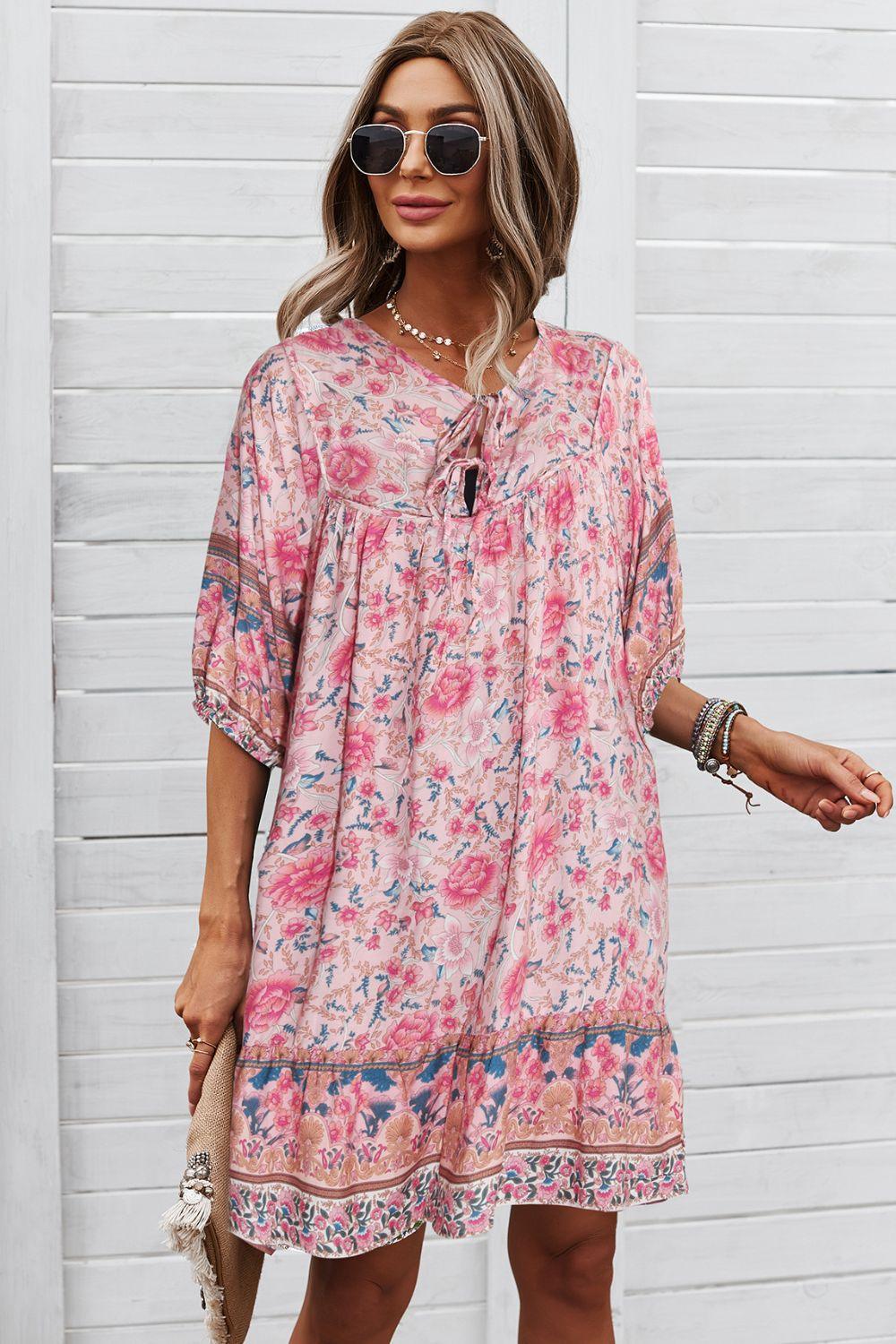 Bohemian Floral Tie Neck 3/4 Sleeve Short Tiered Dress - Dresses