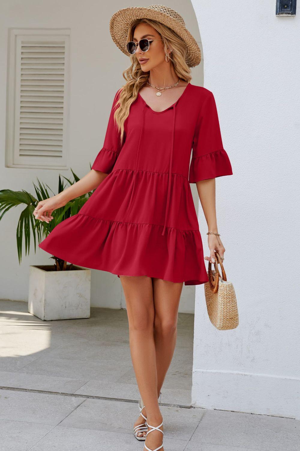 Tied Flounce Sleeve Tiered Mini Dress - Dresses