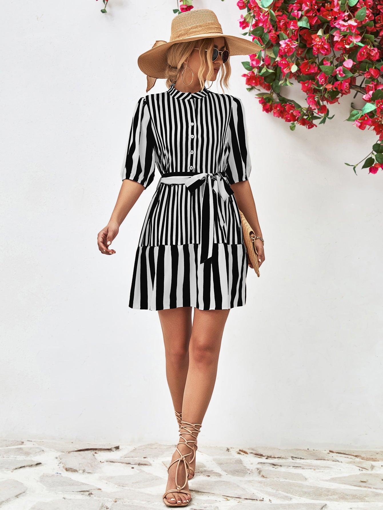 Striped Half Sleeve Tie Waist Mini Dress - Dresses