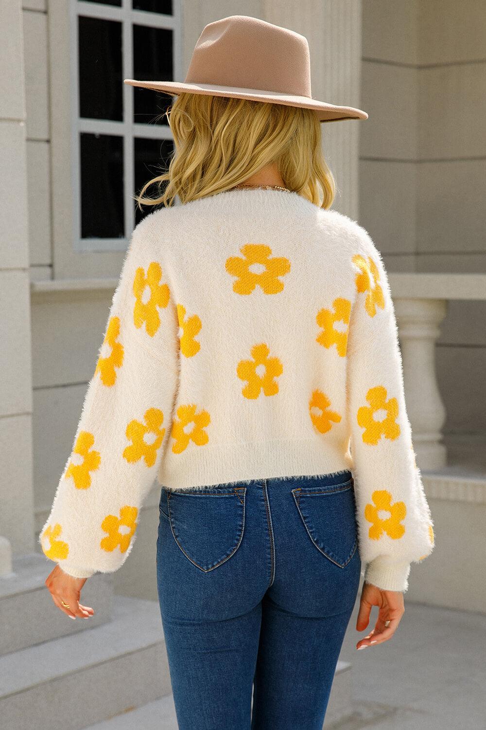 Flower Open Front Fuzzy Cardigan - Cardigan