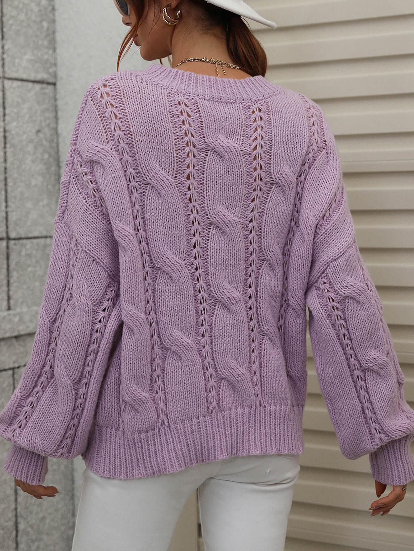 Woven Right Cable-Knit Openwork Round Neck Sweater - Sweater